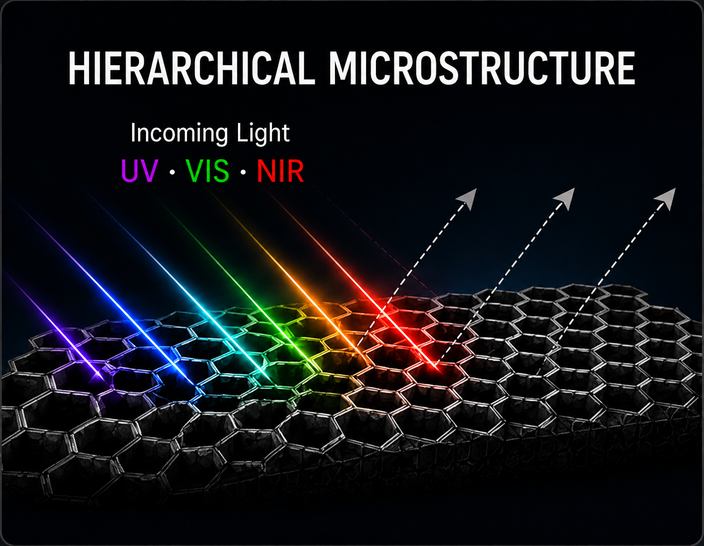 Incoming UV, visible, and NIR light entering hierarchical microstructure