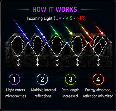Diagram of hierarchical microcavities guiding incoming light into repeated internal reflections to reduce return signal