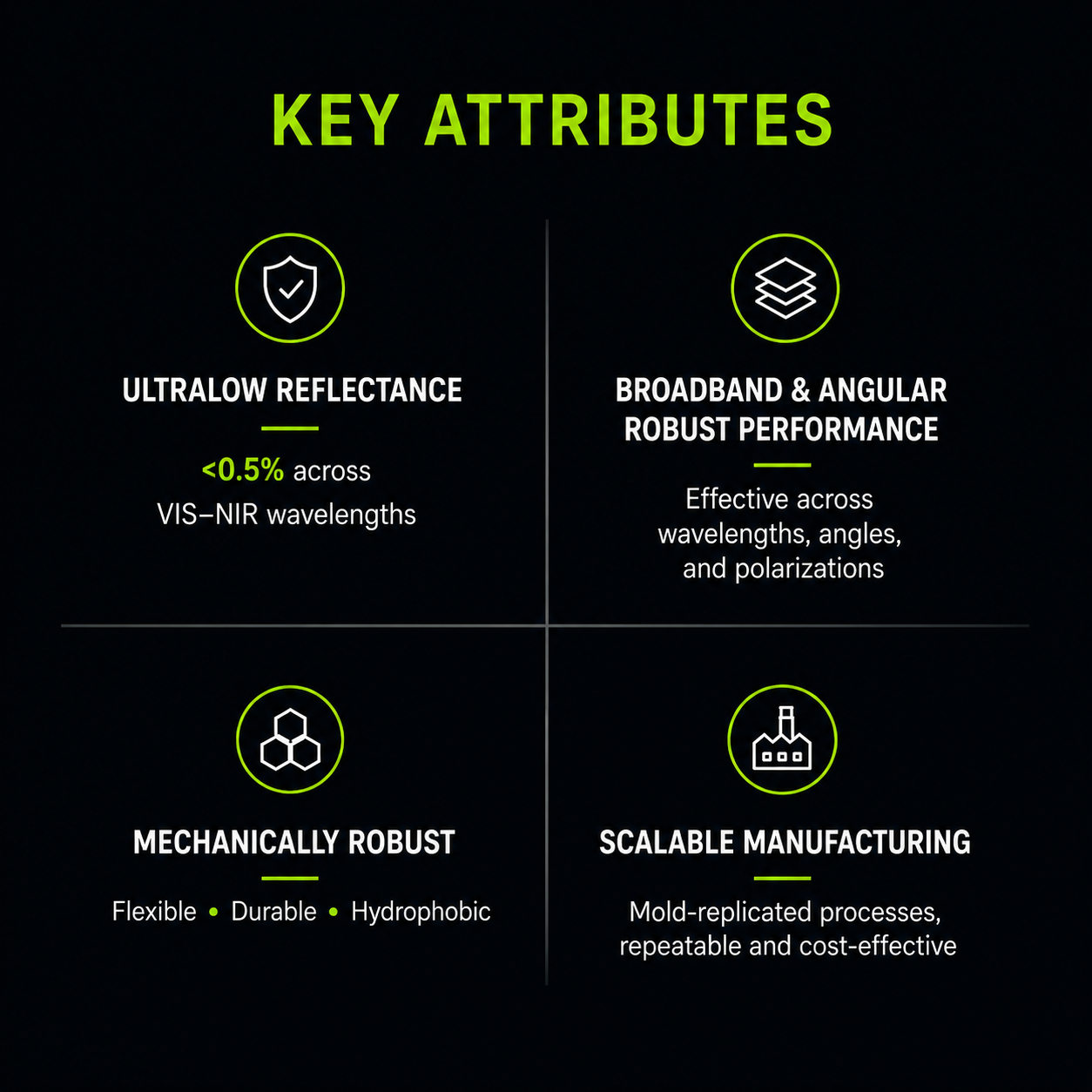 Key attributes including ultralow reflectance, broadband performance, robustness, and scalability