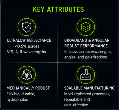 Key attributes including ultralow reflectance, broadband performance, robustness, and scalability