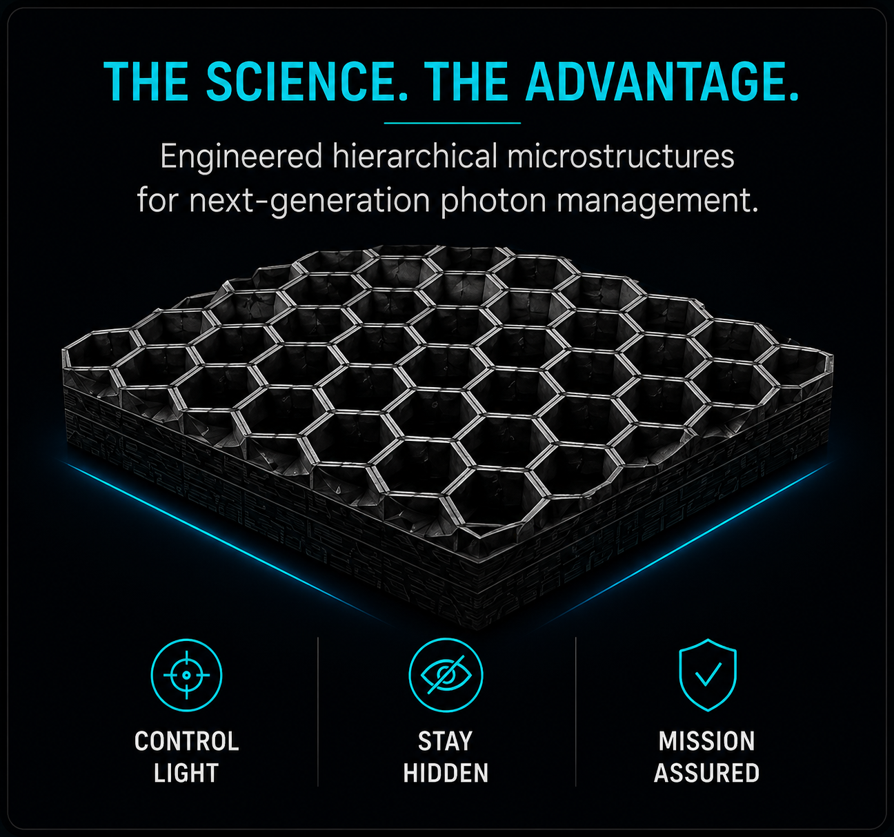 Science advantage panel with a microcavity surface and control light, stay hidden, mission assured icons